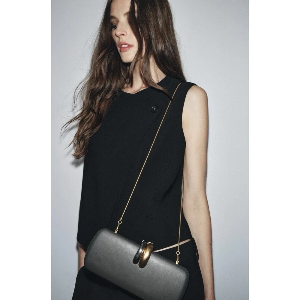 Zara Gray Gold Silver Rigid Clutch‎ Purse Crossbody Luxury Tik Tok